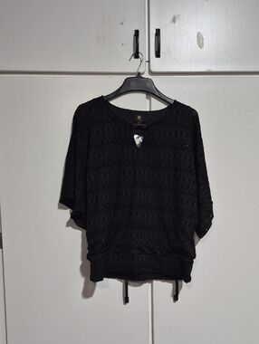 JM Collection Black Crochet-Style Dolman Tunic